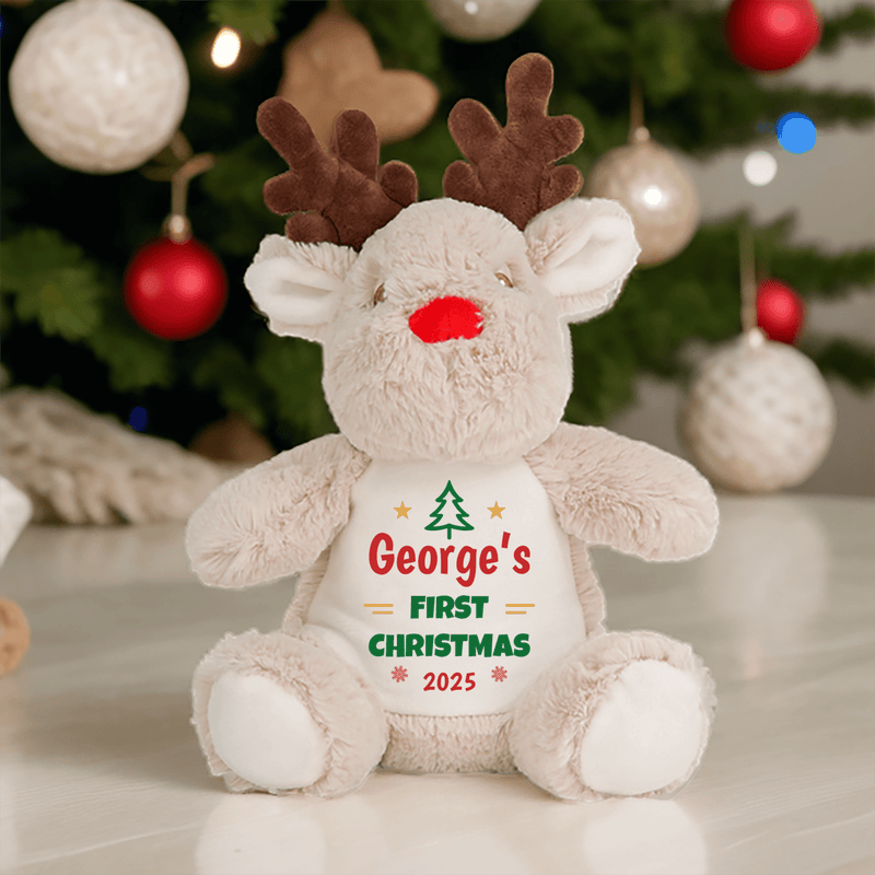 Personalised 1st Christmas Tree and Stars Reindeer Soft Toy showing tree and stars