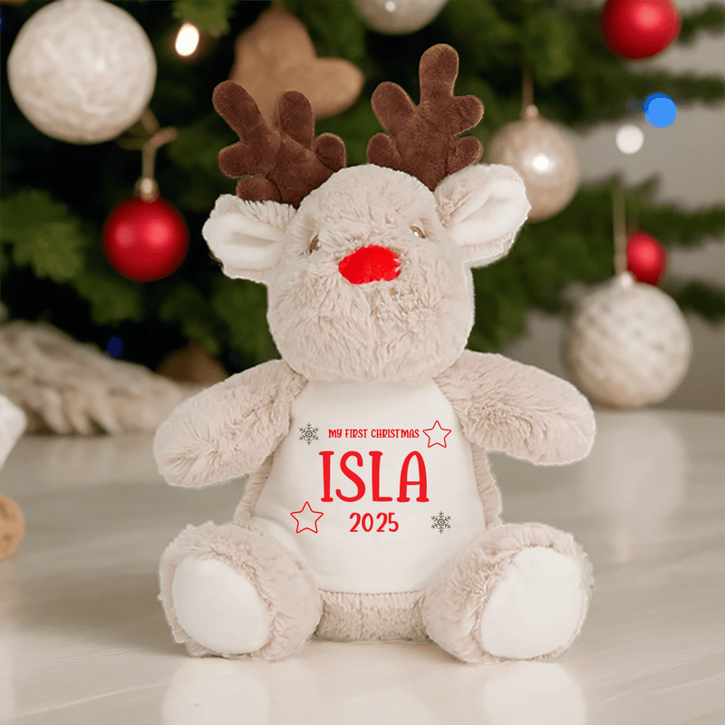 Personalised 1st Christmas Reindeer Soft Toy with Stars showing stars