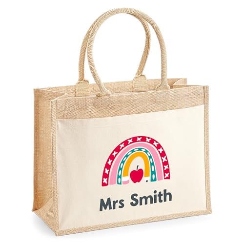 Personalised Apple Rainbow Jute Tote Bag with Name