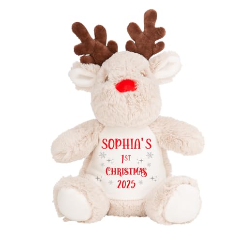 Reindeer soft toy with Baby's First Christmas design and name