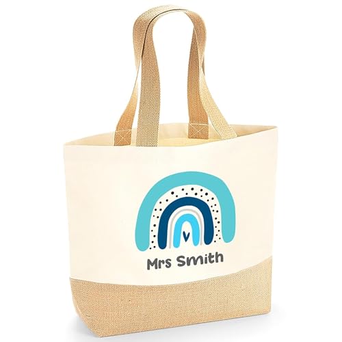 Personalised Beige Blue Boho Rainbow Jute Tote Bag with Name product image