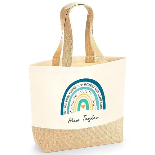 Personalised Beige Blue Rainbow Jute Tote Bag with Name product image