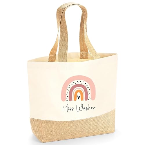 Personalised Beige Boho Rainbow Jute Tote Bag with Name - Medium product image