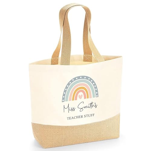 Personalised Beige Boho Rainbow with Text Jute Tote Bag with Name product image