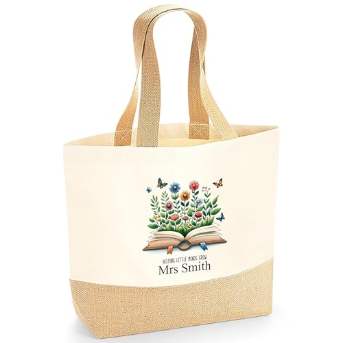 Personalised Beige Floral Books Jute Tote Bag with Name product image