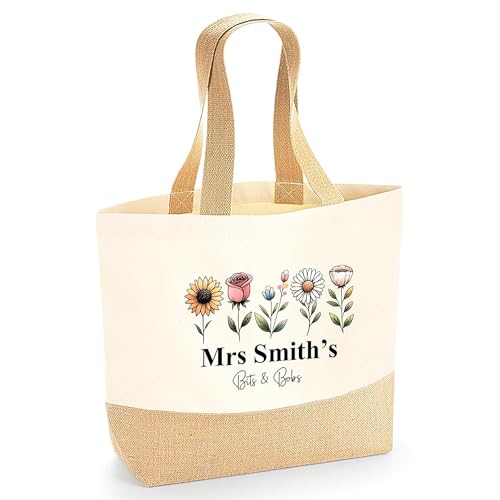 Personalised Beige Flowers Jute Tote Bag with Name product image