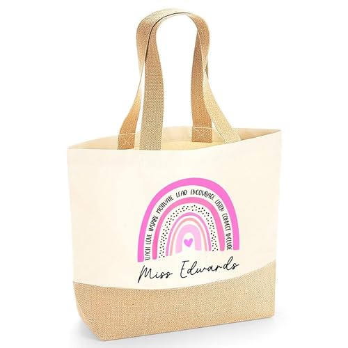 Personalised Beige Pink Rainbow Jute Tote Bag with Name product image