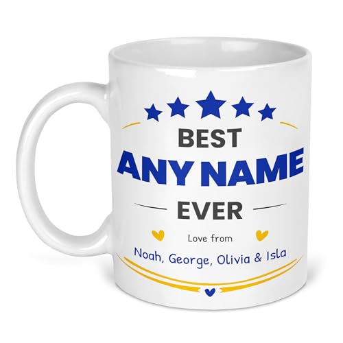 Best Ever ceramic mug with custom title, names, stars, hearts and gold flourishes