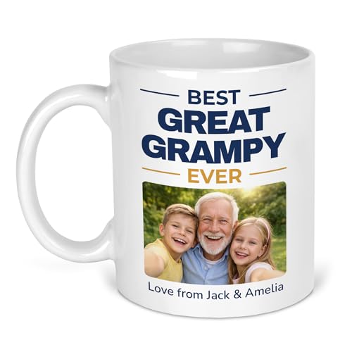 Best Great Grampy Ever photo mug with navy and gold wording and Love from names