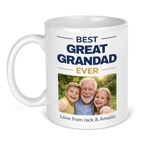Best Great Grandad Ever photo mug with navy and gold wording and Love from names