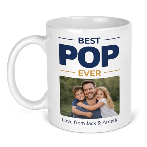 Best Pop Ever photo mug with navy and gold wordmark, picture and Love from names