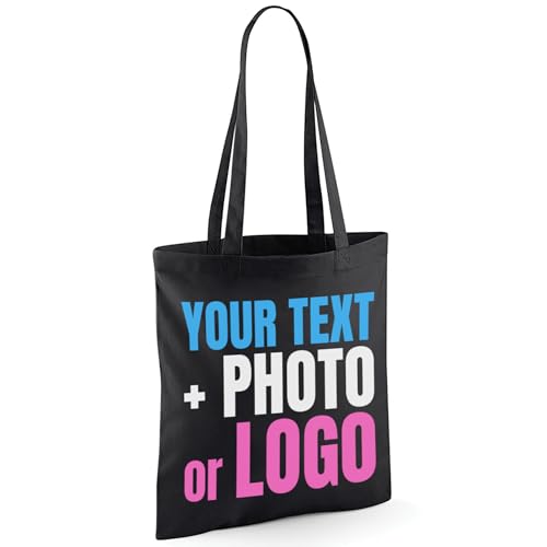 Black cotton tote bag with custom print artwork
