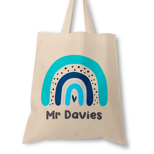 Personalised Blue Boho Rainbow teacher tote bag with name