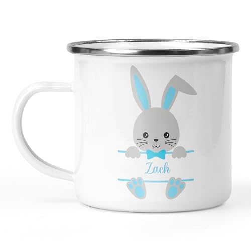 Personalised blue bunny enamel mug with name.