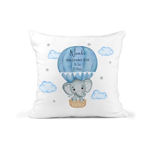 Personalised Blue Elephant Baby Cushion with Birth Announcement Design