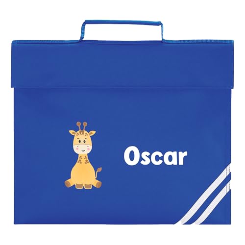 Blue school book bag with cartoon giraffe and personalised name