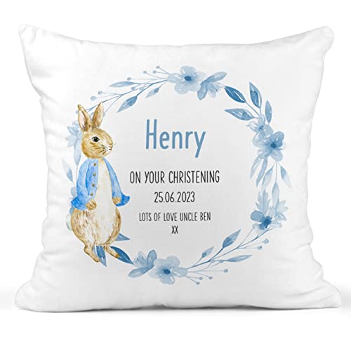 Personalised Blue Rabbit Christening Cushion
