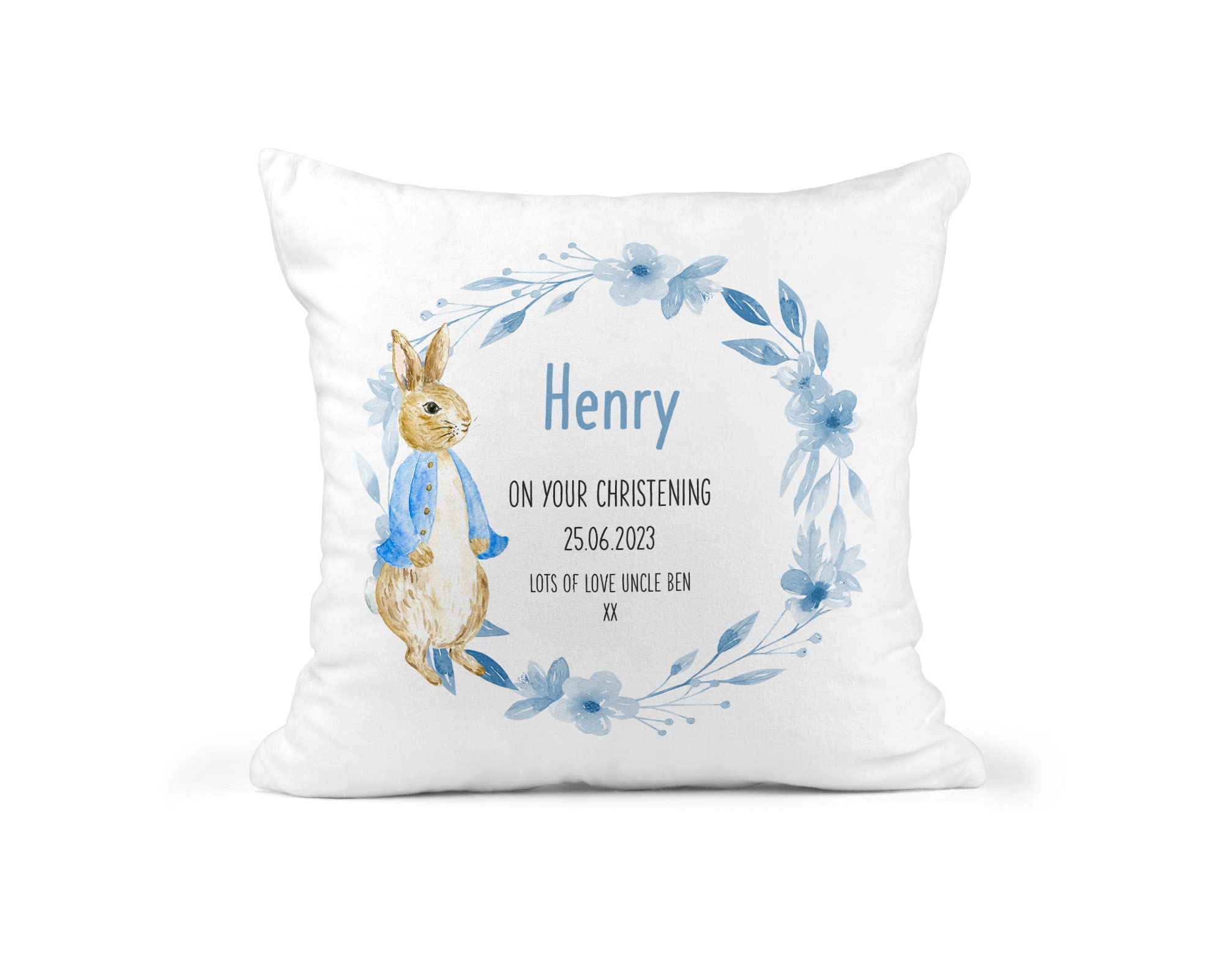 Personalised Blue Rabbit Christening Cushion additional product photo