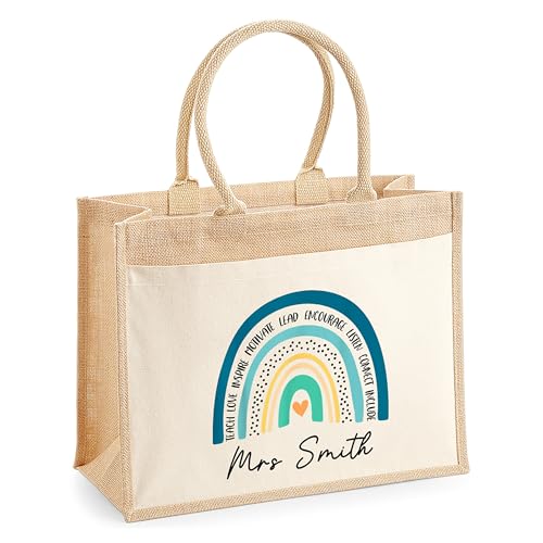 Personalised Blue Rainbow Quote Jute Tote Bag with Name