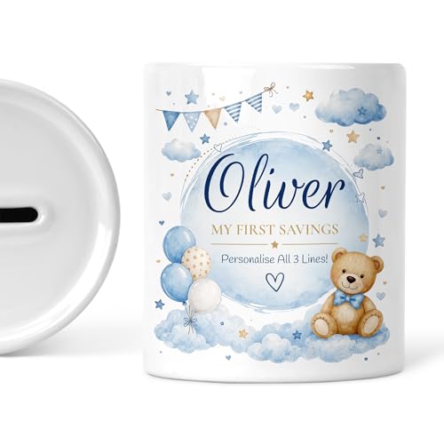 Blue teddy bear money box with personalised name and message