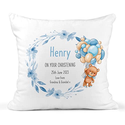 Personalised Blue Teddy Christening Cushion