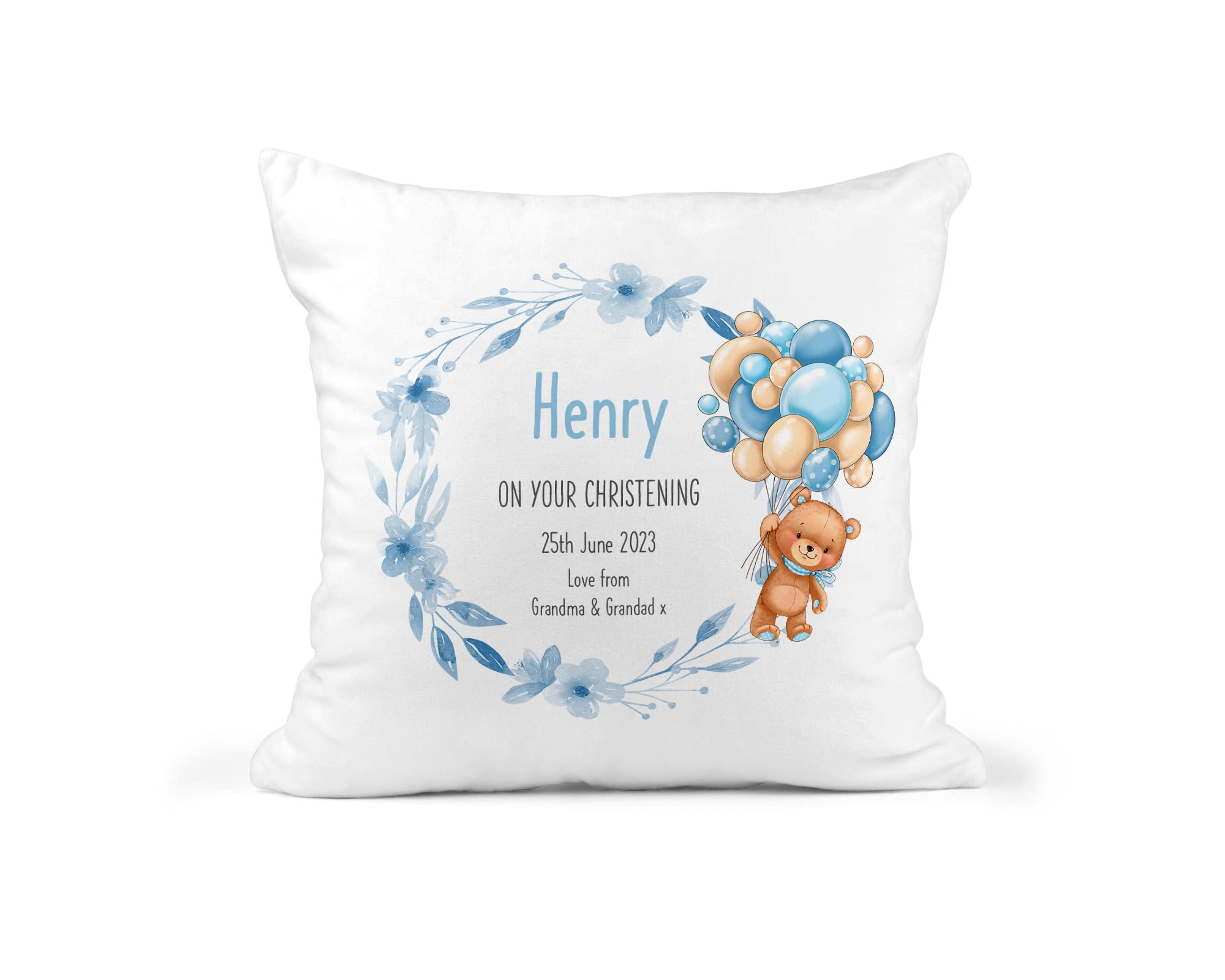 Personalised Blue Teddy Christening Cushion additional product photo