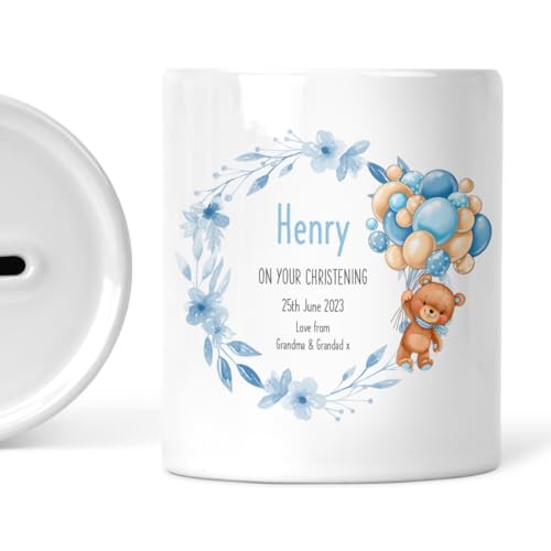 Blue Teddy Christening ceramic money box with personalised details