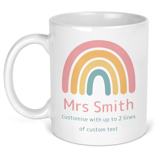 Blue Yellow Rainbow teacher mug with custom name and message
