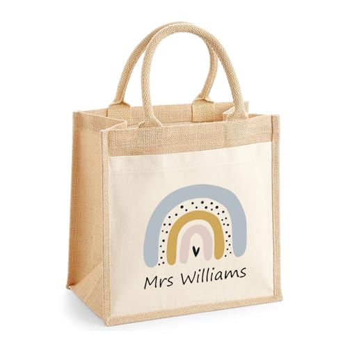 Personalised Boho Grey Rainbow Jute Tote Bag with Name