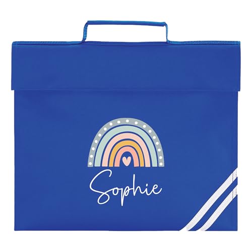 Blue boho rainbow school book bag with white script name