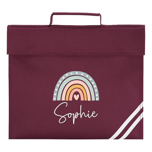 Burgundy boho rainbow school book bag with white cursive name