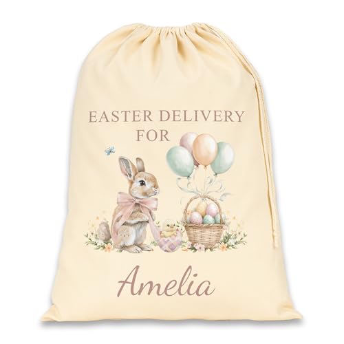 Pink Easter Delivery bunny and balloons gift bag with name