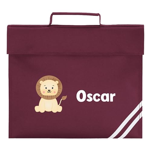 Burgundy school book bag with cute lion and personalised name.