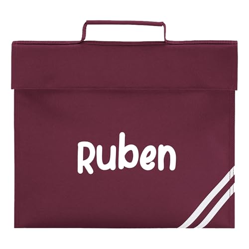 Burgundy school book bag with diagonal white stripe detail and personalised name.