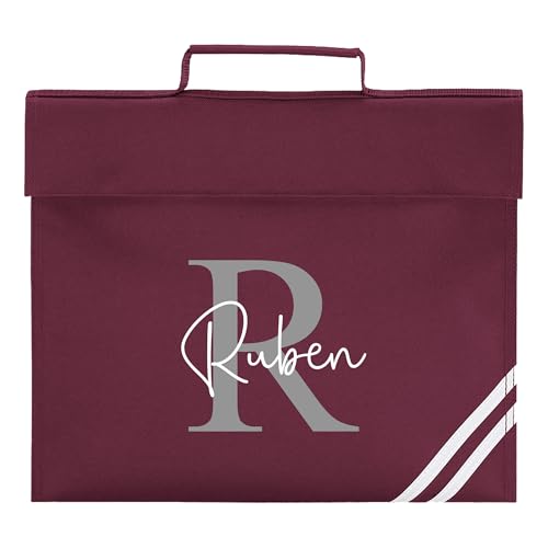 Burgundy school book bag with large initial, cursive name and diagonal stripe accent.