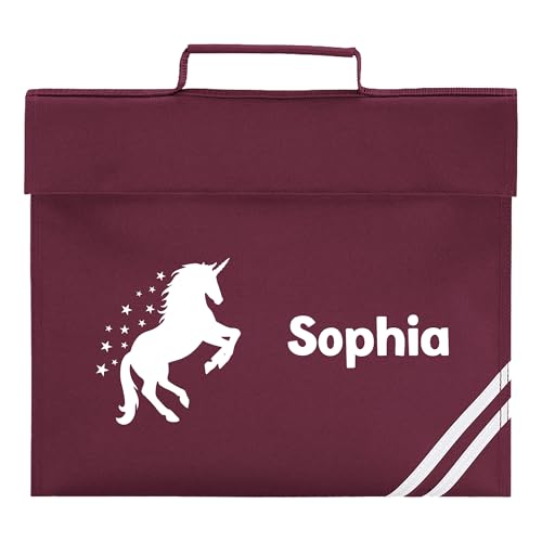 Burgundy school book bag with unicorn, stars and custom name