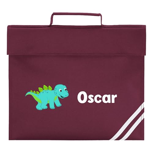Burgundy school book bag with cartoon dinosaur and name print.