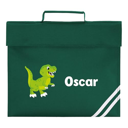 Green school book bag with cartoon dinosaur and personalised name.