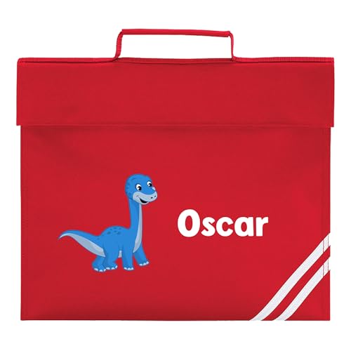 Red cartoon dinosaur stripe school book bag personalised with name