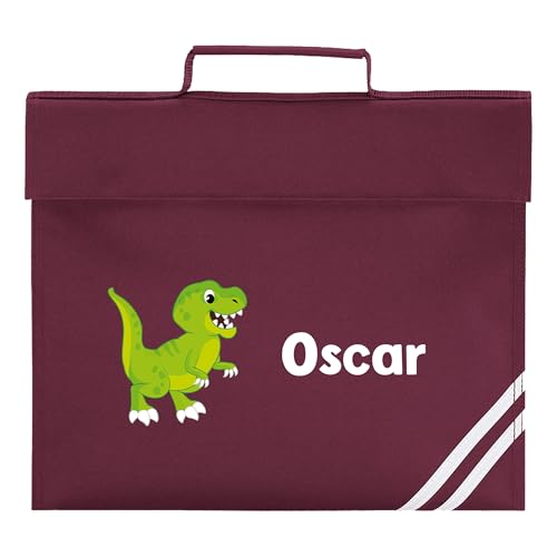 Burgundy school book bag with cartoon green dinosaur and personalised name.