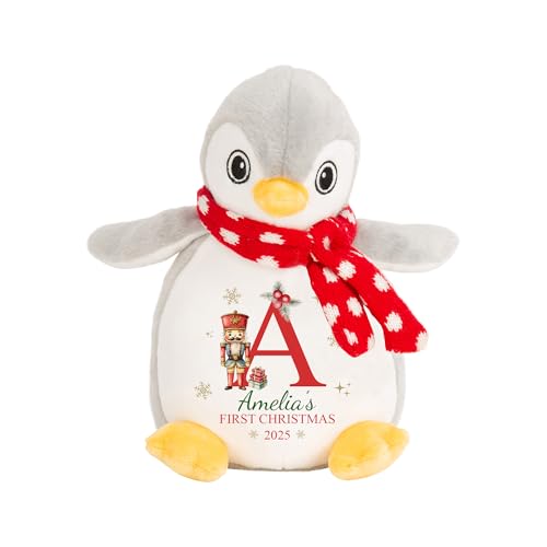 Penguin teddy with nutcracker Christmas design, name, year and initial