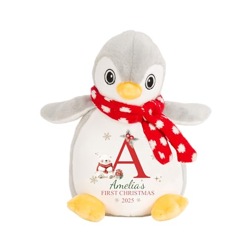 Penguin teddy with polar bear Christmas design, name, year and initial