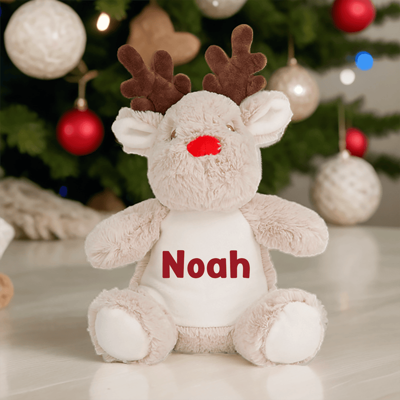 Personalised 1st Christmas Classic Red Reindeer Soft Toy showing red reindeer