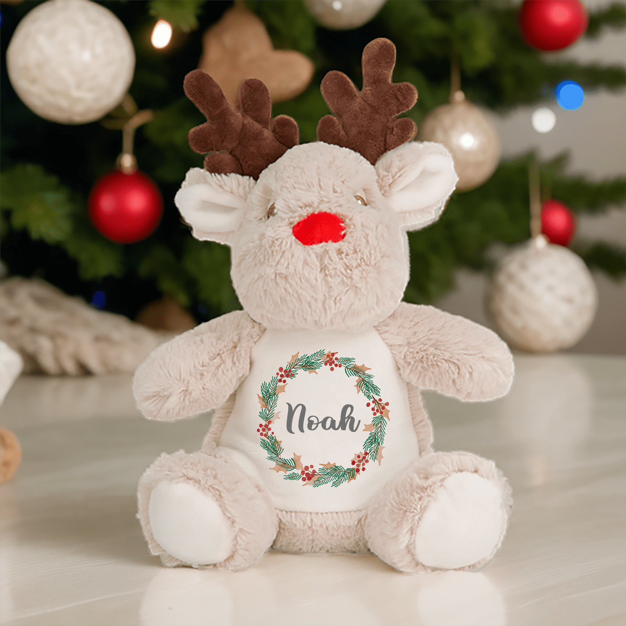 Personalised Christmas Reindeer with Name & Wreath - Chicken Craft Ltd