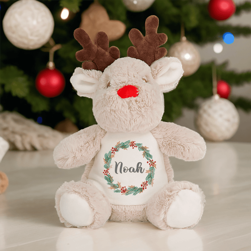 Personalised 1st Christmas Red Reindeer Soft Toy with Wreath showing wreath