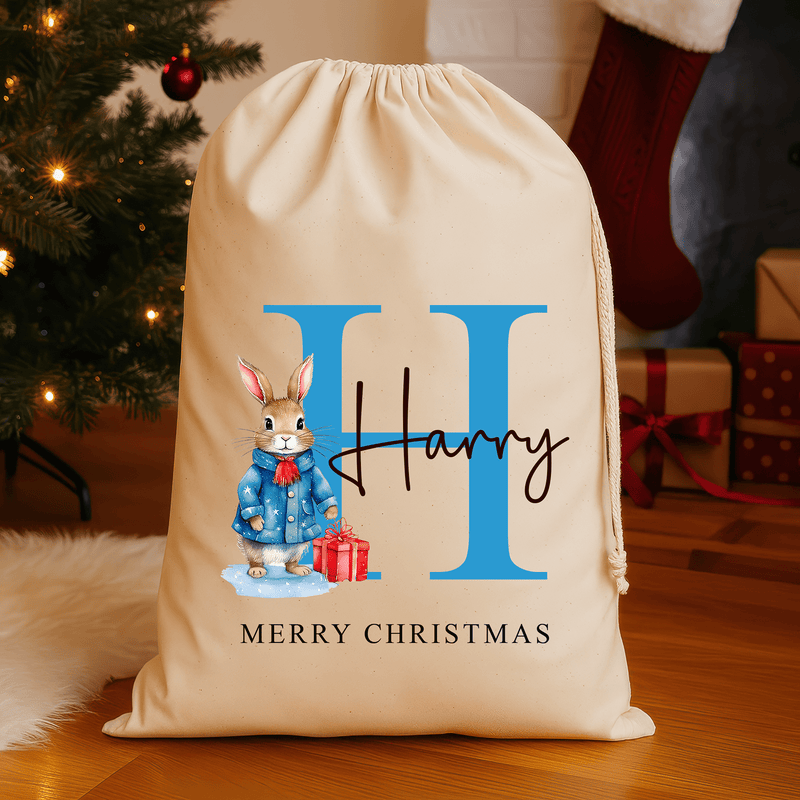 Personalised natural Christmas sack with blue rabbit design and name and initial