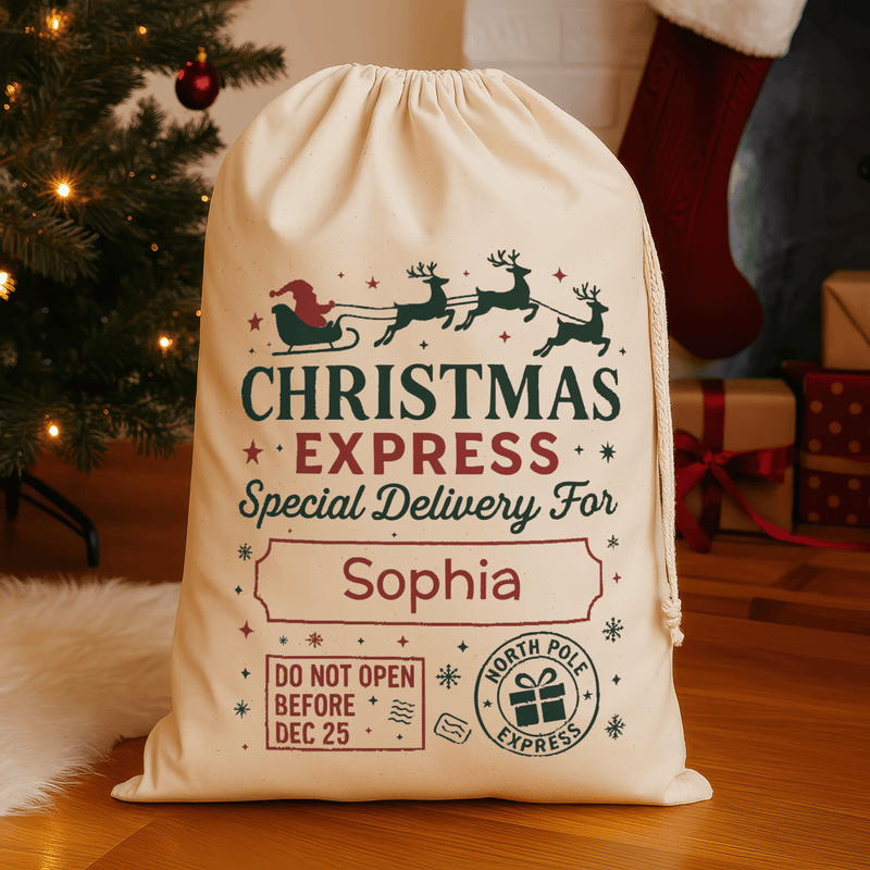 Personalised natural Christmas sack with North Pole Express design and printed name