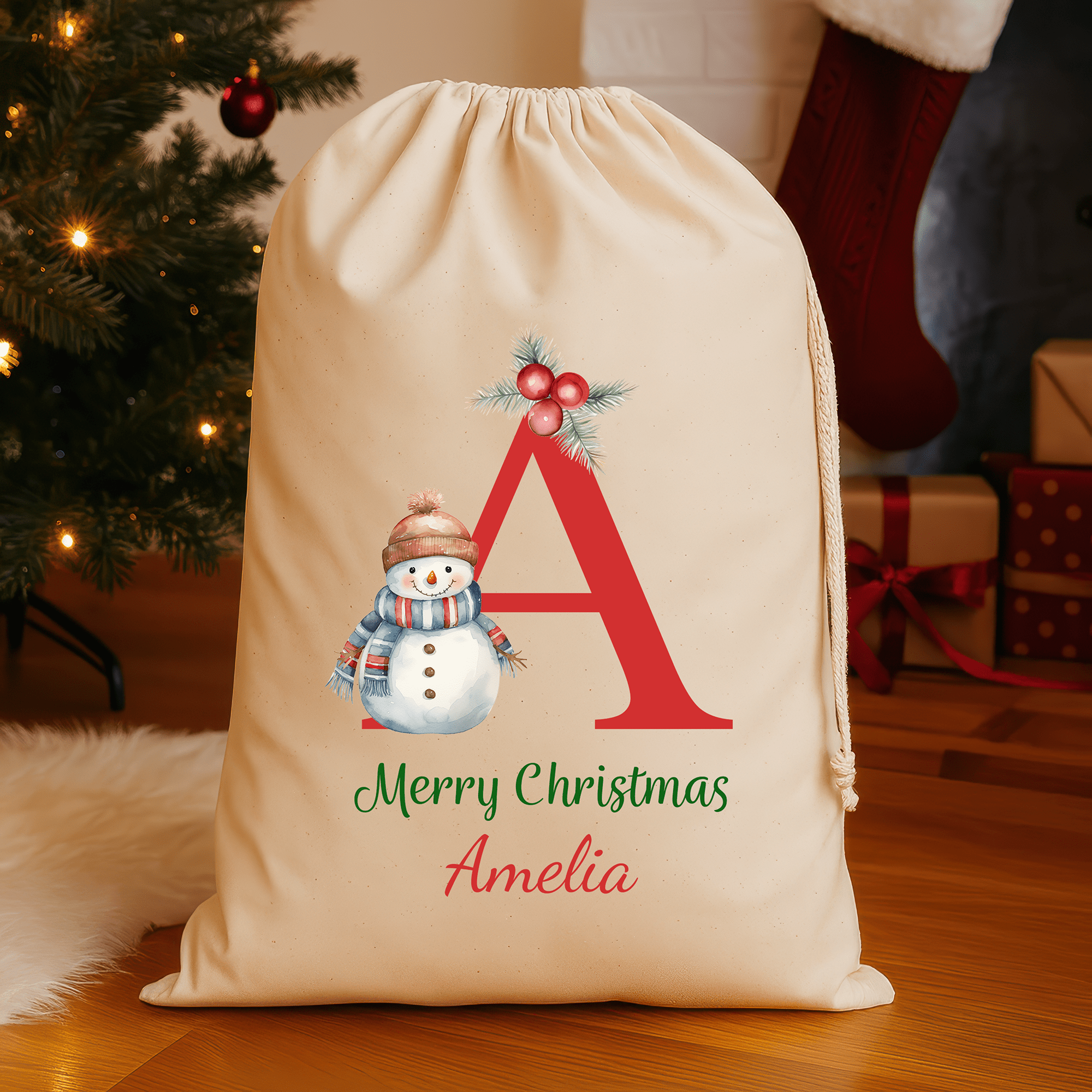 Personalised Christmas Santa Sack - Red Initial Snowman - Chicken Craft Ltd
