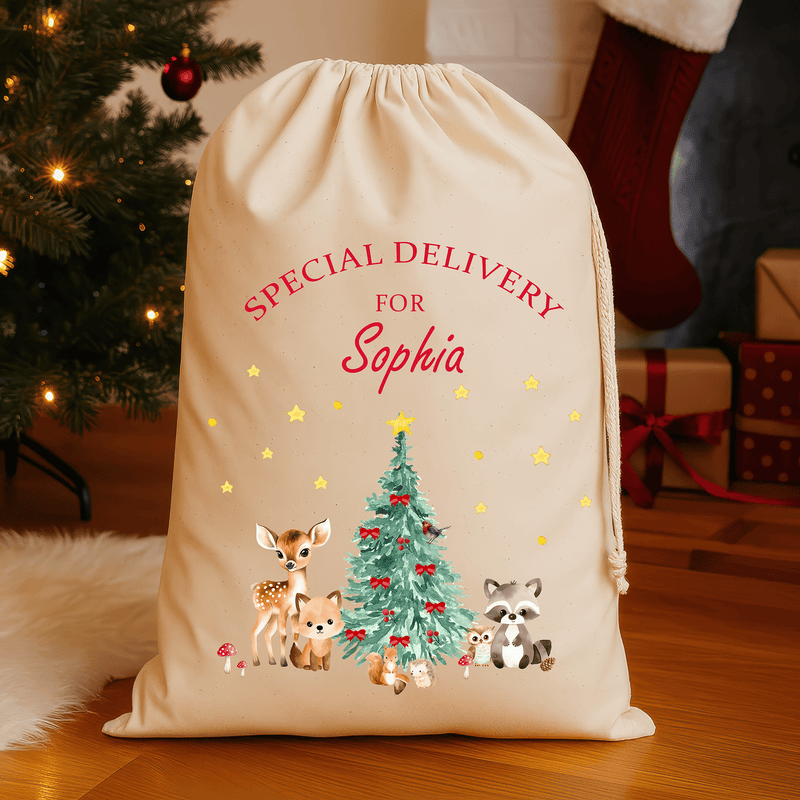 Personalised natural Christmas sack with woodland animals design and printed name