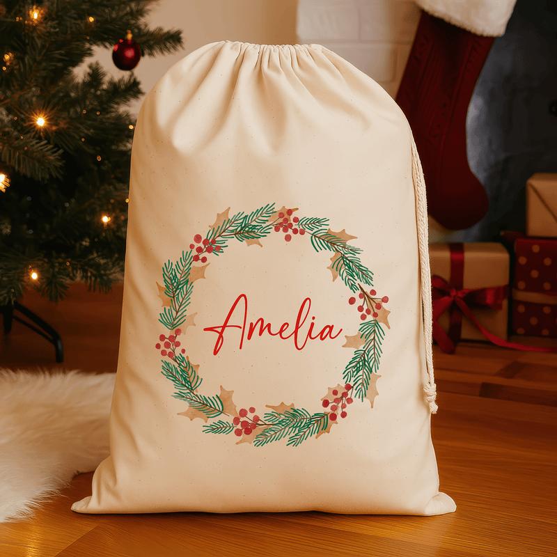 Personalised natural Christmas sack with Christmas wreath design and printed name